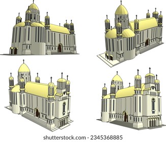 Vector sketch illustration of vintage classic old holy church architectural design with many towers