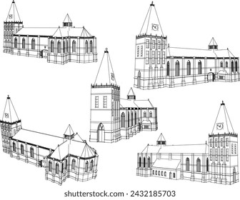 vector sketch illustration of vintage classic old school building design with clock tower