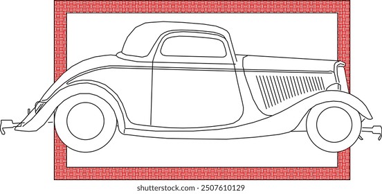 Vector sketch illustration of vintage classic old car vehicle design silhouette in box frame