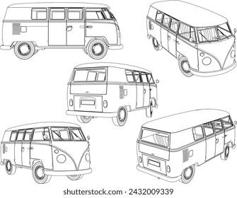 Vector sketch illustration of vintage old classic van design collection