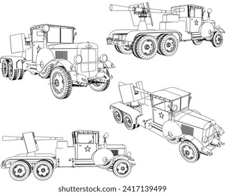 Vector sketch illustration of war car vehicle design with missiles in the bed