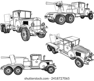 Vector sketch illustration of war car vehicle design with missiles in the bed