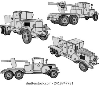 Esbozo vectorial ilustración del diseño de vehículos de coches de guerra con misiles en la cama