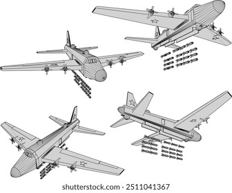 Vector sketch illustration of a war vehicle design, a fighter plane with a complete cannon weapon is firing a flying missile in the air