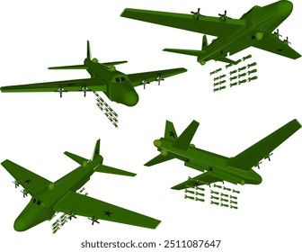 Vector sketch illustration of a war vehicle design, a fighter plane with a complete cannon weapon is firing a flying missile in the
