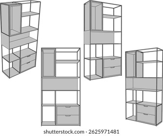 Vektorskizze Illustration Kleiderschrank Design moderne minimalistische Möbel Regal für Wohnzimmer 
