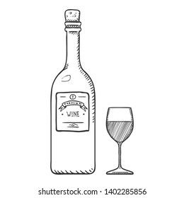 Vector Sketch Illustration - Wine Bottle and Wineglass