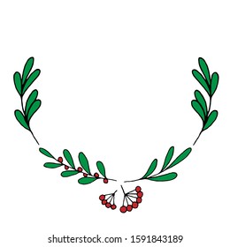 Vector sketch illustration of winter mistletoe twigs and viburnum berries in the form of a semicircle wreath. The drawing is executed in the colored sketch. 