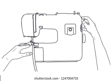 Vector sketch illustration - women's hands sew on a sewing machine