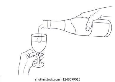 Vector sketch illustration - women's hands pouring alcohol into a glass