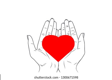 Vector sketch illustration - women's hands hold the heart