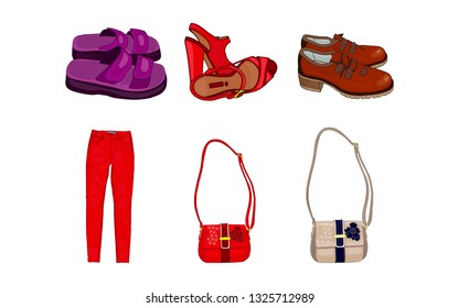Vector sketch illustration - women`s shoes, sandals, Lady's bag, Women jeans.