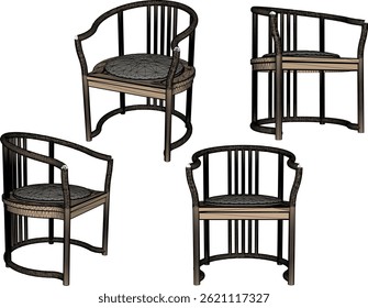 vector sketch illustration of wooden dining room chair design with modern abstract ethnic traditional design