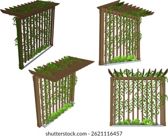 vector sketch illustration of wooden pergola design silhouette with vines for shade decoration in the garden