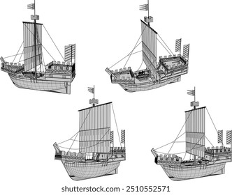 Vector sketch illustration of wooden sailboat design viking battleship for sailing on the high seas