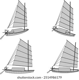 Vector sketch illustration of a wooden sailing boat design with oars used by fishermen to catch fish