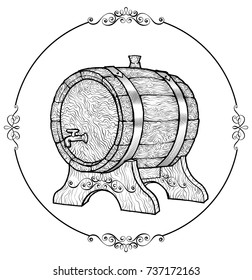 Vector Sketch Illustration of a wooden wine barrel with the faucet in vintage style with stand. Hand-drawn textured kilderkin logo