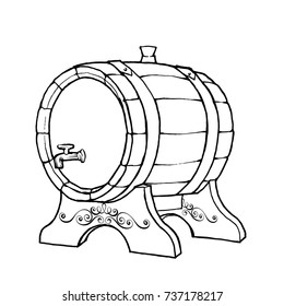 Vector Sketch Illustration of a wooden wine barrel with the faucet in vintage style with stand. Hand-drawn kilderkin logo