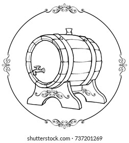 Vector Sketch Illustration of a wooden wine barrel with the faucet in vintage style with stand. Hand-drawn kilderkin logo