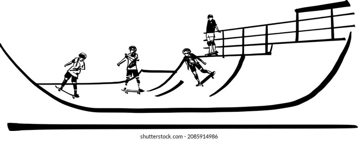 vector sketch illustration of the yang skateboarders jump in skateboard park