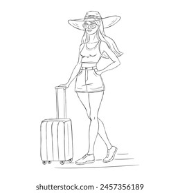 Vector skech ilustración de una mujer joven en un traje de verano, con una maleta, un concepto de viajes o blogs de estilo de vida, aislado en blanco