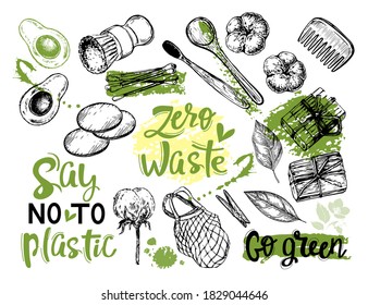 Vector sketch illustration with zero waste items on a white background. Calligraphy lettering