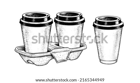Vector sketch illustrations of Coffee Cups and carrier. Vintage style drawing isolated on white background.