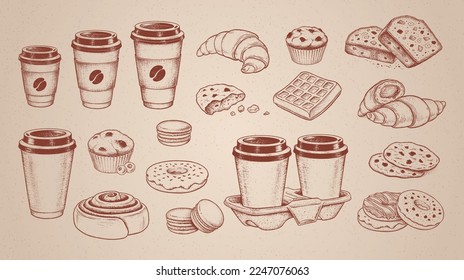 Esbozo vectorial ilustraciones colección de café y comida dulce para llevar aislado en el fondo de papel antiguo vintage.