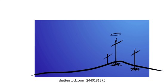 Vector sketch image of the Catholic Good Friday holiday. 3 crosses on Golgotha ​​hill after the crucifixion. Blue gradient background.