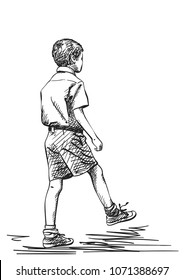 Vector sketch of indian boy in school uniform takes a step, Hand drawn illustration