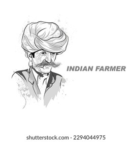 A vector sketch of Indian Farmer, Vector illustration of a Indian villager, Line art of an old man