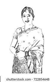 Vector Sketch of Indian Traditional model with sari in illustration.