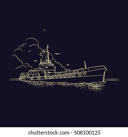 Vector sketch of industrial ship, waves and seagulls on floating craft