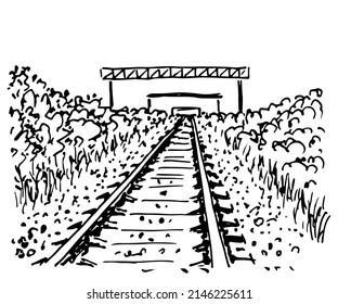 Vector sketch in ink. Summer landscape, the railway going into the distance. Tourism and travel. Road.