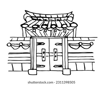 Vektorgrafik mit Tinte. Traditionelles koreanisches Tor, Wand, Türen. Freehand Zeichnung mit schwarzem Umriss.