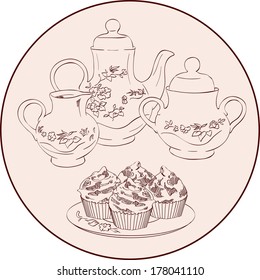 vector sketch instruments tea set and sweets