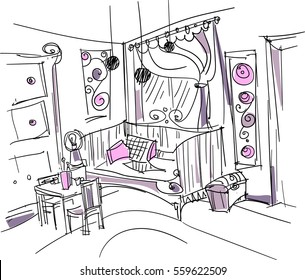 Vector sketch of the interior of child rooms for the girls. The room has a wardrobe, table, chairs, beds and curtains.