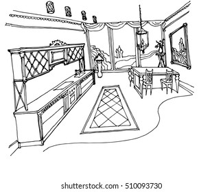 Vector sketch of the interior of classic kitchen, interior design doodle in black lines on white background
