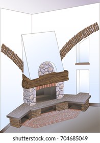 vector sketch interior decor corner of rural provincial cozy living room with fireplace, lined with brick and stone, with dark wood and white wall with niches