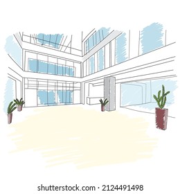 Esbozo vectorial del diseño interior. Diseño a mano del centro de negocios.