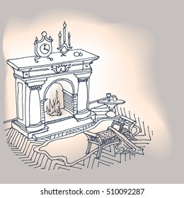 Vector  sketch of the interior with a fireplace, carpet and stool, interior design doodle hand painted in lines on a beige background with a white spot 