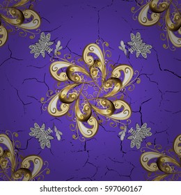 Vector sketch for invitations, cards, certificate, web page Golden element on violet background. Vector line art seamless border for design template. Golden outline floral decor. Eastern style element