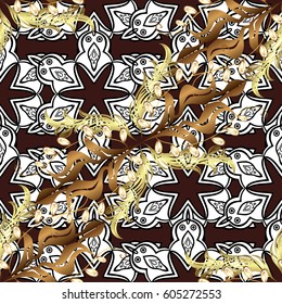 Vector sketch for invitations, cards, certificate, web page. Eastern style element. Golden outline floral decor. Golden element on brown background. Vector line art seamless border for design template