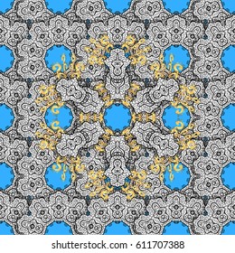 Vector sketch for invitations, cards, certificate, web page. Vector line art seamless border for design template. Eastern style element. Golden element on blue background. Golden outline floral decor.