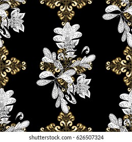 Vector sketch for invitations, cards, certificate, web page. Golden element on black background. Vector line art seamless border for design template. Eastern style element. Golden outline floral decor