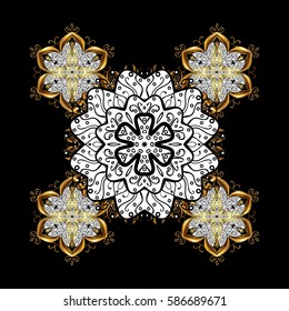 Vector sketch for invitations, certificate, thank you message, web page. Eastern style element. Golden element on black background. Vector line art border for your design. Golden outline floral decor.