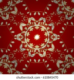 Vector sketch for invitations, thank you message, web page. Eastern style element. Vector line art seamless border for design template. Golden outline floral decor. Golden element on red background.