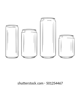 Vector sketch of iron can. Set of four items with different value. Hand drawn illustration