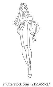Vector sketch of isolated walking model (young woman) wearing dress with puffed sleeves. Outline fshion illustration.