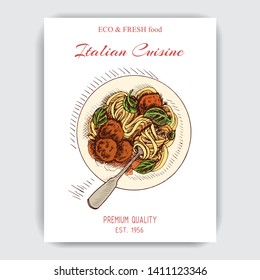 Vector sketch - italian food.
Card menu italian restaurant. Hand drawn illustration pasta dish.